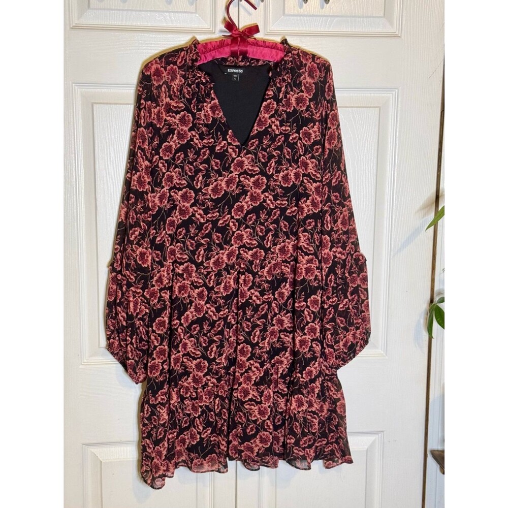 EXPRESS XL  Black Mini Dress Black Rose Pink Floral Print Chiffon Flowy Flirty